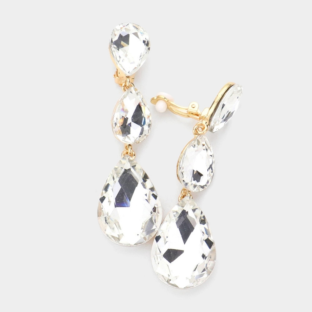 Gold Dangle Crystal Clip On Earrings 3 Inch Triple Tear Drop ClipOns Jewelry